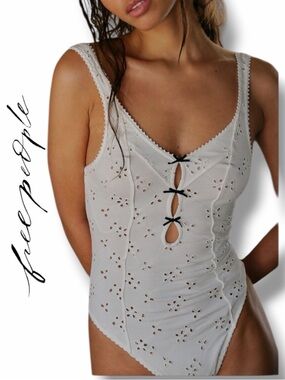 Free People Women’s Full Bloom White Eyelet Bodysuit with Black Bow Accents  XL